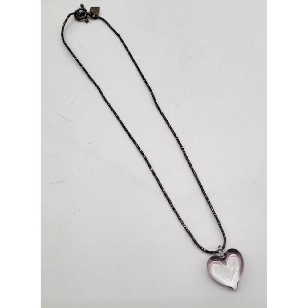 Yummi Heart Pendant Necklace VTG Art Glass Pink Sterling Silver Toggle Clasp 16" - Picture 2 of 10